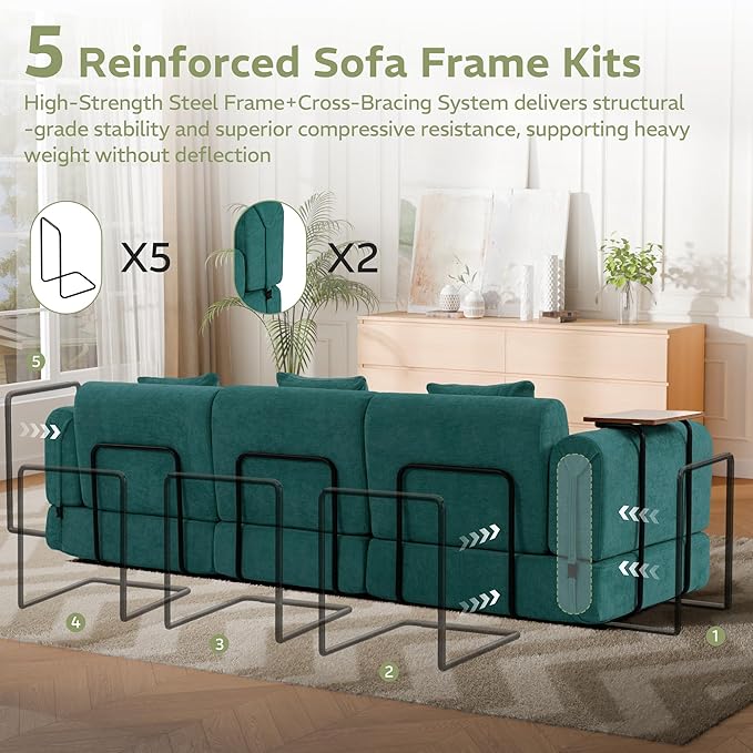 100" Convertible Sleeper Sofa Bed, Oversized Modular Sectional Cloud Sofa with Fixed-Shape Frame & Tabletop, Boneless Couch with Storage Pocket for Living Room, No Assembly Required, Green
