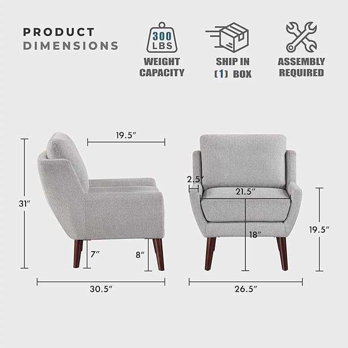 Lexicon Modern Wingback Accent Chair, Chenille Fabric Upholstered Lounge Reading Arm Chair, Solid Wood Legs for Living Room, Bedroom, Supportive Padded Pocket Coil Seat, Easy Assembly, Gray