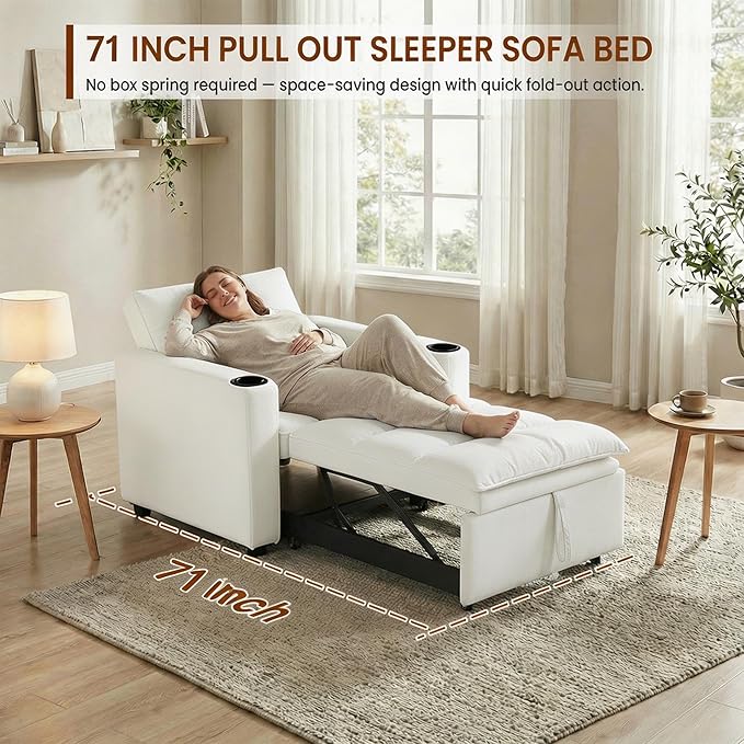 Casaphoria Convertible Sleeper Chair 66.54" Futon Sofa Bed Single Sleeper Sofa Small Couch Bed with Adjustable Backrest for College Dorm Bedroom Studio Apartment
