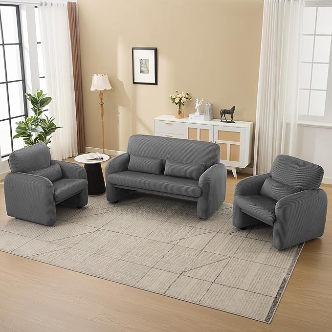 WUTUTUEE 56'' Corduroy Loveseat Sofa, 2 Seater Love Seat Couch for Small Space, Comfy Upholstered Modern Leisure Loveseat Couches with Lumbar Pillows for Bedroom, Office, Living Room, Grey
