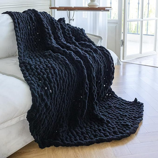 Chunky Knit Blanket - Luxury Soft Cozy 80 * 90 Throw Blanket,100% Woven Blanket Rope Knot Throw Blanket for Couch, Sofa, Home Decor, Gift - Machine Washable (Black, 80 * 90)