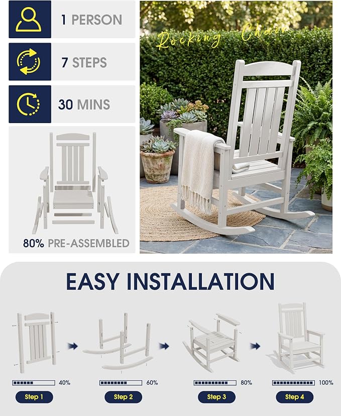 KINGYES Oversized HDPE Patio Rocking Chair Set, Outdoor Rocking Chairs Porch Rocker for Adults, White - Image 7