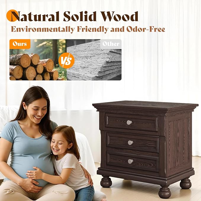 AMERLIFE Fully Assembled Nightstand Set of 2, Solid Wood End Table with 2 Storage Drawers, 26" Extra Large Traditional Bedside Cabinet for Bedroom, Dark Brown - Image 4