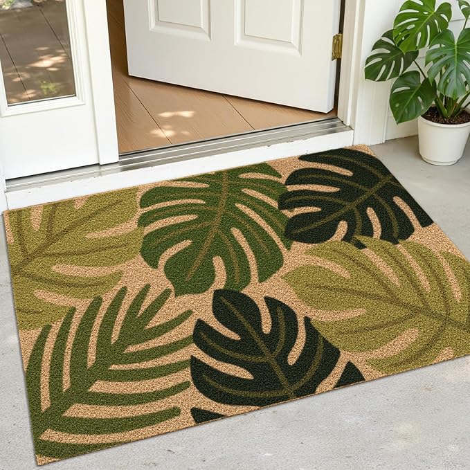 DEXI Front Door Mat Outside Entrance Coir, 32x48 Heavy Duty Entry Tropical Plant Doormat, Non Slip Exterior Entryway Floor Dirt Trapper for Porch Patio, Green Monstera Leaves by DEXI