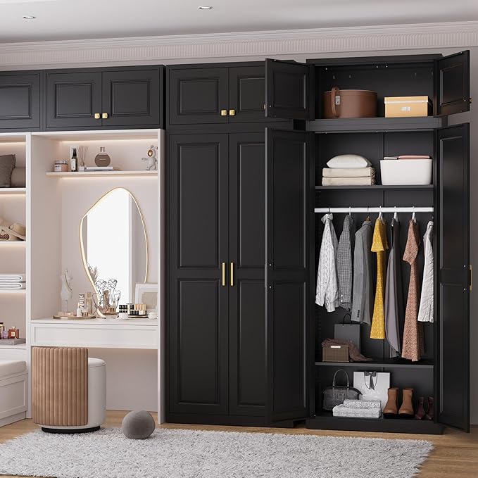 Polup Metal Armoire Closet, 86 Inch Tall Wardrobe Armoire with Hanging Rod, Wardrobe Closet for Clothes with Doors, 18" D x 32" W x 86" H,Black, Assemble Required, Shipped in Two Packages