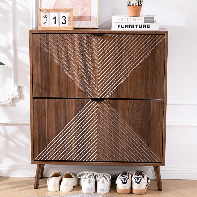 oakvivo Shoe Cabinet Storage, Farmhouse Freestanding Organizer with 2 Flip Drawers and 4 Wooden feet, Narrow Shoe Rack Cabinet for Entryway, Foyer, Hallway, Walnut - Image 9