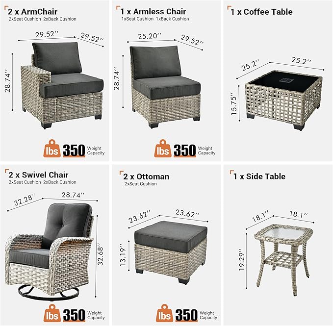 ovios 9 Piece Patio Sectional Furniture with Swivel Rocking Chairs, Rattan Wicker Coversation Set with Glowing Coffee Table, Outdoor Sofa Set for Outside Porch Balcony Backyard Pool, Black