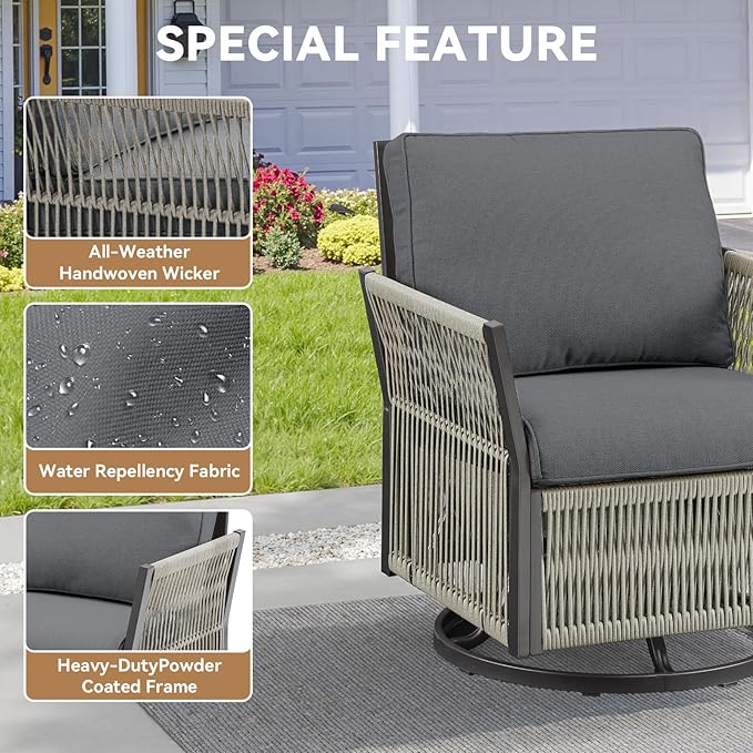 Wicker Outdoor Furniture Set, 7 Piece Patio Conversation Sets, Comfort Swivel Rocker Glider Patio Chairs Set of 2 with Ottoman and Rattan Sofa (Grey)