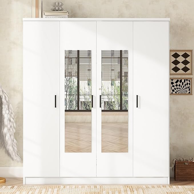 Merax 4 Doors Closet Wardrobe with Mirror Door and Hanging Rail, Wood Closet Organizers and Storage with One Drawer and Two 4-Tier Storage Shelves, Top Cabinet for Bedroom, Laundry Room, White