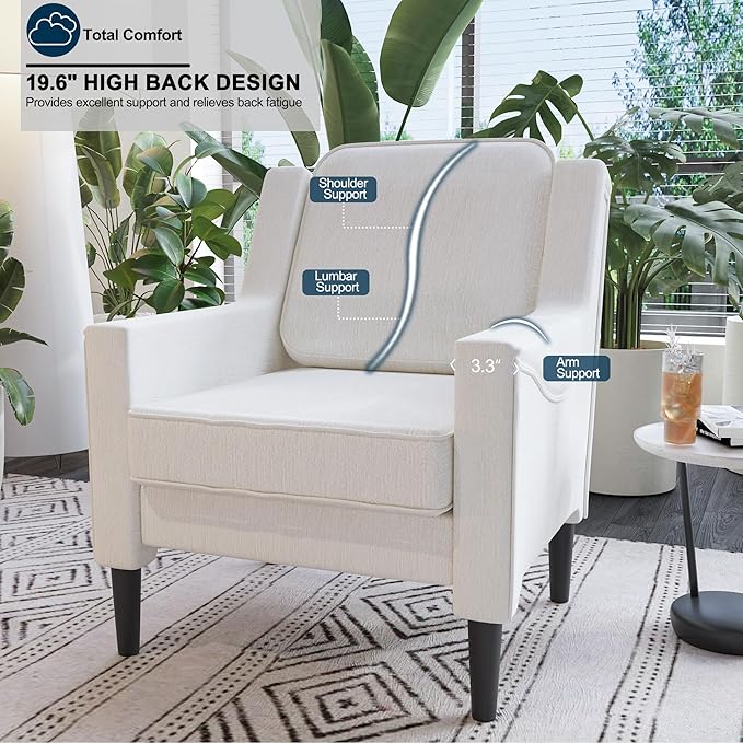 Ribilake Cream Accent Chair - High Back Upholstered Armchair, Comfy Living Room Arm Chair, Reading Accent Chairs for Bedroom, Apartment, Office, Single Sofa with Wood Legs