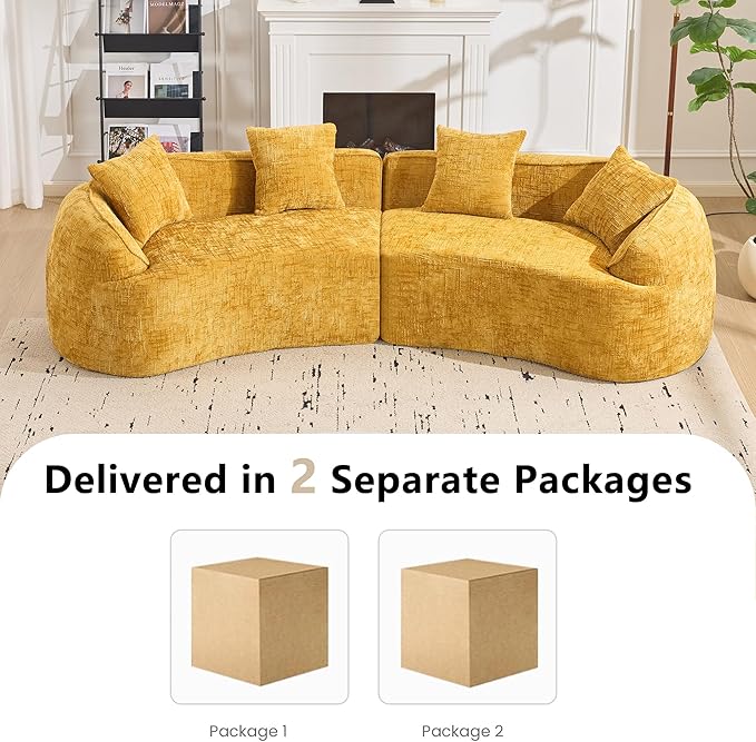 109-Inch Curved Boneless Sofa Couches Compressed 4-Seat Foam Couch for Living Room Bedroom, Boneless Modular Cloud Sofa Curved Floor Couch with 4 Pillows, No Assembly