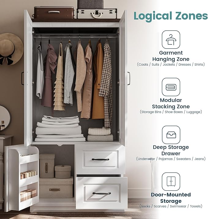 ANCTOR Wardrobe Closet with Drawers, 71.1" H Tall Wooden Armoire with 2 Doors and Hanging Rod for Hanging Clothes, Freestanding Wardrobe Storage Cabinet, Stand Alone Clothing Organizer Closet, White
