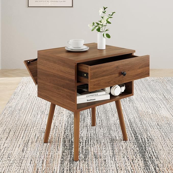 Hidden Compartment Nightstands, Mid Century Modern Concealment Furniture, Bedside Table with Wood Legs, End Table with Storage Drawer for Bedroom (1,Walnut) - Image 8