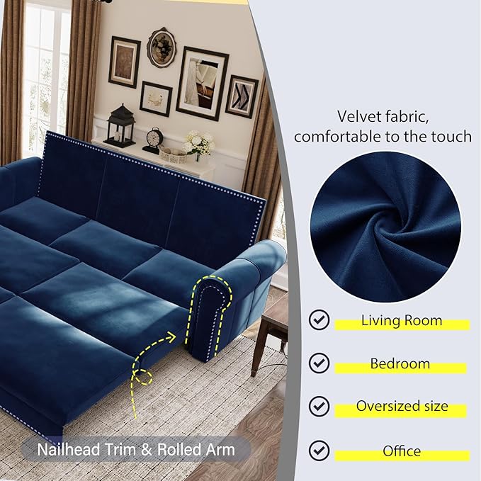 Ball & Cast 3-in-1 Convertible Sofa Bed,93.7" Velvet Pull Out Couch Bed King Size, Loveseat Sleeper Sofa with Nailhead Trim & Rolled Arm,Multi-Functional Sofa Couches for Living Room,Blue