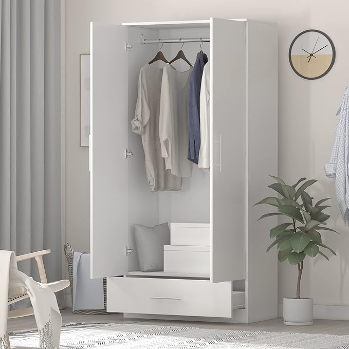 Hitow Wardrobe Armoire Closet with 2 Doors, Freestanding Wardrobe Cabinet with Drawer & Hanging Rod, Bedroom Armoire Clothes Organizer, Type C White (31.5" W x 18.9" D x 66.9" H)