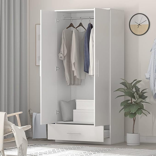 Hitow Wardrobe Armoire Closet with 2 Doors, Freestanding Wardrobe Cabinet with Drawer & Hanging Rod, Bedroom Armoire Clothes Organizer, Type C White (31.5" W x 18.9" D x 66.9" H)