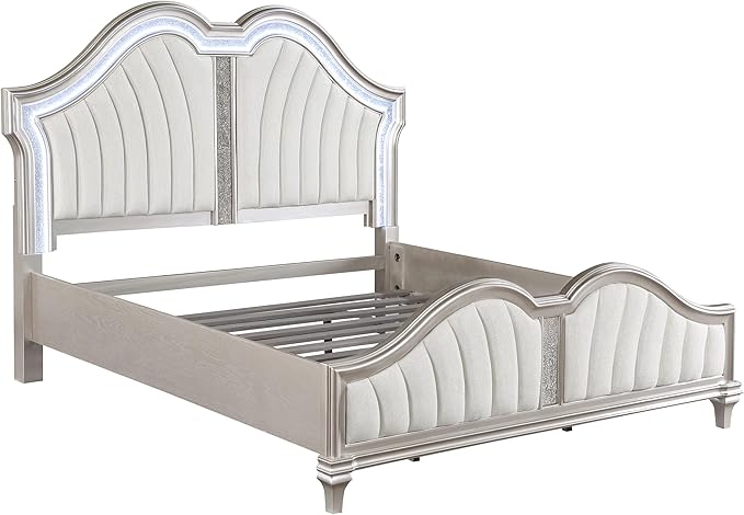 Coaster Home Furnishings Evangeline Modern Classic 4-Piece Bedroom Set Chenille Upholstered California King Size LED Panel Bed Frame 67-inch Headboard Silver Oak 223391KW-S4