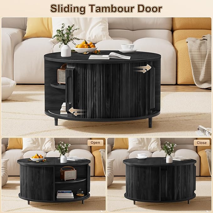 Round Lift Top Coffee Table, 31.5" Fluted Wood Accent Coffee Table with 180° Curved Sliding Door, Hidden Storage, Mid Century Modern Center Table for Living Room Office Small Spaces, Black