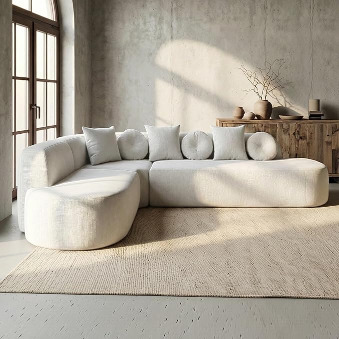 123" Boneless Modular Sectional Sofa, Modern Curved L-Shaped Cloud Foam Couch with High Density Sponge & Pocket Spring, Chenille Fabric, Non-Assembly Frameless Floor Sofa for Living Room | Plush, Wider Armrest