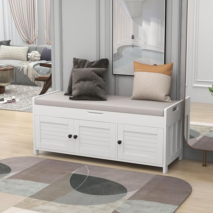 SOFTSEA Storage Bench with 3 Shutter-Shaped Doors Wood Entryway Bench Shoe Bench with Removable Cushion and Hidden Storage - Image 3