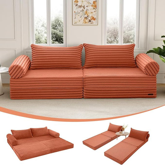 MeMoreCool Convertible Sofa Bed, Folding Floor Couch Bed Queen, Pull Out Sleeper Couch with Pillows, Fold Out Futon Sofa for Bedroom Living Room Small Space, Corduroy Orange