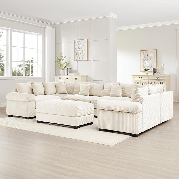 KEIKI 138" U-Shaped Oversized Corduroy Modular Cloud Sectional Sofa with 1 Ottoman, High-Density Foam Cushion, Extra-Thick Armrest, 6-Seater Fluffy Corner Couch with 20 Pillow, for Living Room, Beige