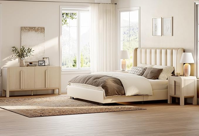 WAMPAT 3 Piece Beige Dresser and Nightstand Set, Modern 63" Wide Dresser Cabinet and Nightstand Set with Charging Station, Wood Storage Closet Chest with Curved Profile Handles for Bedroom
