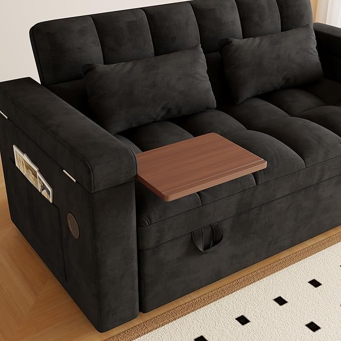Convertible Sofa Bed, 5-in-1 Pull Out Couch with Side Table, Loveseat Sleeper Sofas Bed Couch with USB Port, 65‘’ Velvet Pull Out Sofa Beds for Living Room, Bedroom, Apartment