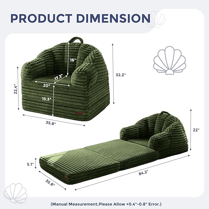 MAXYOYO Folding Sofa Bed, 2 in 1 Convertible Sofa to Lounger Comfy Faux Fur Bean Bag Chair for Adults, Floor Single Sleeper Couch Chair with Handle, Couch Bed for Living Room Bedroom, Dark Green