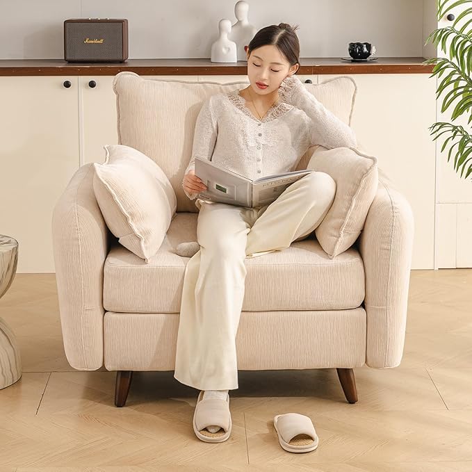 Rexulqo Oversized Accent Chair with Seats Storage,Comfy Living Room Chairs with 2 Throw Pillow,Upholstered Mid-Century Armchair,24.5'' Deep Seat,Reading Chair for Bedroom,Office,Chenille,Cream