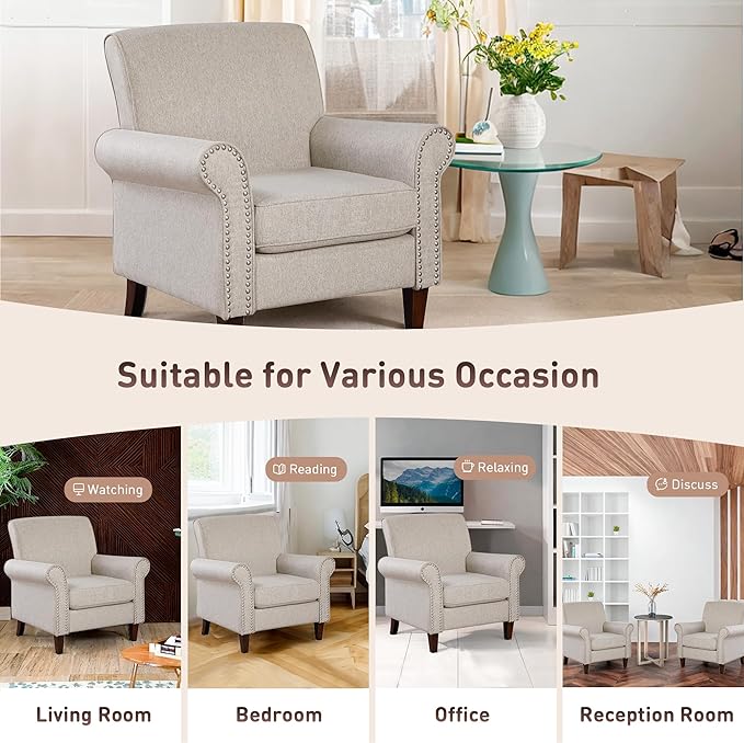 Prilinex Upholstered Living Room Chair Set of 3 - Large Comfy Fabric Accent Chair Single Sofa with Cushion, Rolled Armrest & Nailhead Trim, Mid Century Farmhouse Armchair for Bedroom, Office, Beige