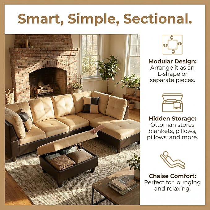 NicBex Modular L-Shaped Sectional Couches, 3-Piece Convertible Couch with Storage Ottoman, 4-Seat Comfy Sofa with Chaise for Living Room & Apartment, Beige + Brown