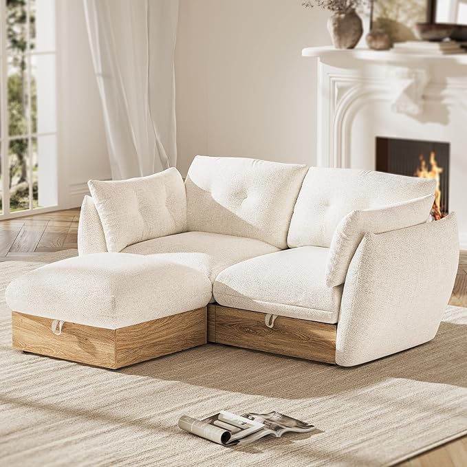 70" L Shaped Sofa Modular Sectional Cloud Couch with Storage, Cotton and Linen Fabrics Modern Oversized Deep Seat Sofa with Armrest Pillow, Easy Assembly for Living Room, Apartment, Ivory