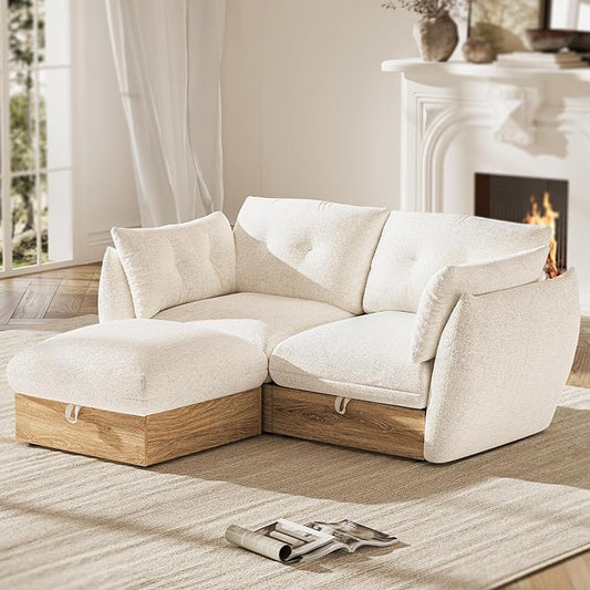 70" L Shaped Sofa Modular Sectional Cloud Couch with Storage, Cotton and Linen Fabrics Modern Oversized Deep Seat Sofa with Armrest Pillow, Easy Assembly for Living Room, Apartment, Ivory