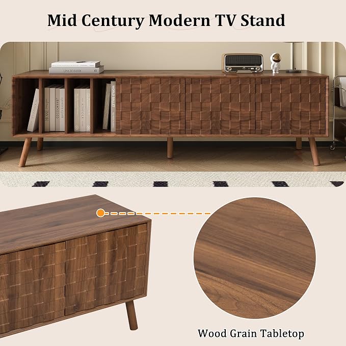 Merax 70" TV Stand for TVs Up to 80", Modern Entertainment Center with 3 Doors and Vertical Open Shelves, Media Console with Unique Mosaic Front Design for Living Room - Image 5