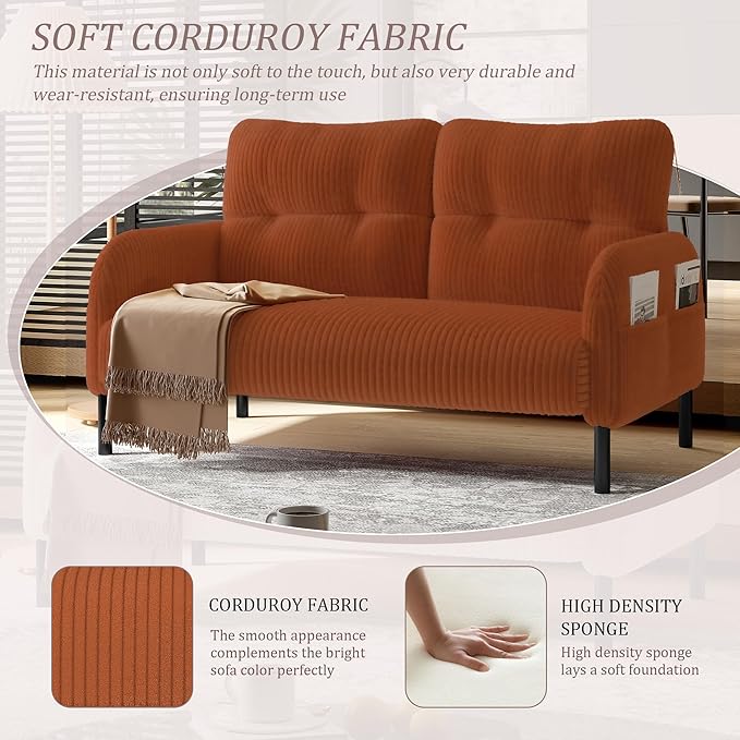 KEIKI 47" Corduroy Loveseat Sofa with Double Side Pockets & High Resilience Cushion, Modern Style Ergonomic Design Upholstery Oversized 2-Seater Couch, Easy Assembly, for Living Room, Orange