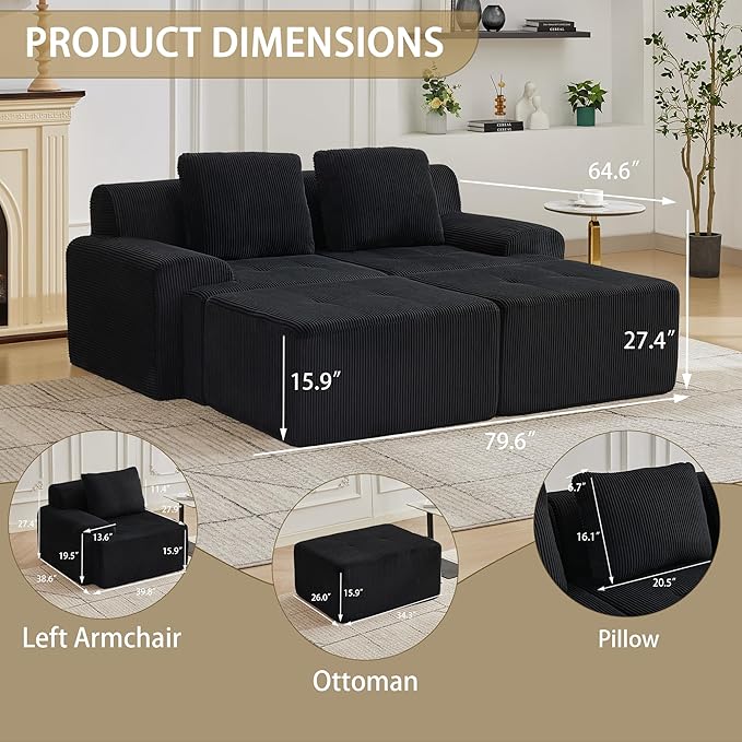 Modular Sectional Sofa with Movable Ottoman, 2 Seat Deep Seat Couch with 2 Pillows, Comfy Cloud Sectional Sofa for Living Room, Bedroom and Apartment (Black, 1 Left+1 Right+2 Ottoman)