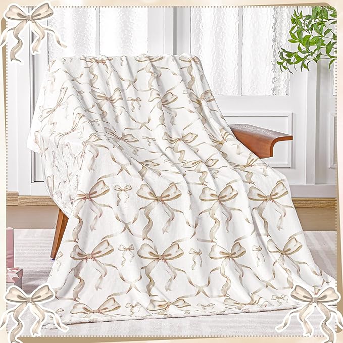 Buryeah Beige Bow Throw Blanket Valentine's Day Galentines Day Gifts Preppy Blanket Coquette 50 X60 Flannel Soft Cute Bow Lightweight Aesthetic Room Decor for Women Friends for Sofa Couch Travel Bed