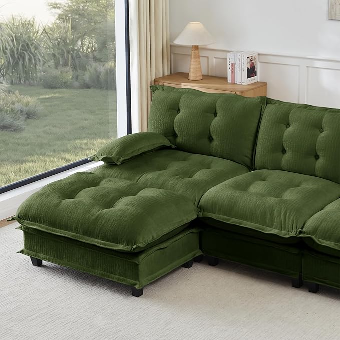 108" Oversized L Shaped Modular Sectional Sofa with Reversible Ottoman, Comfy Chenille Upholstered Cloud Couch 4-Seater Sofa Set for Living Room, Apartment, Office | Free Combination, Tufted