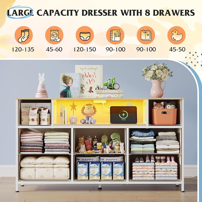 WLIVE Dresser TV Stand for 45, 50, 55 inch TV, Entertainment Center with LED Lights & Charging Station, Chest of Drawers with 8 Fabric Drawers and Open Shelves for Living Room, Hallway, Cream White - Image 6