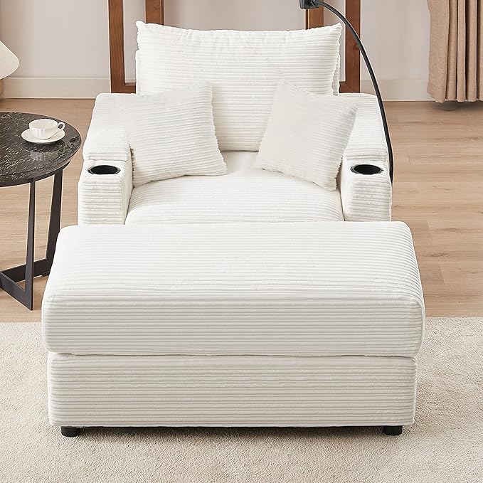 Merax Modern Upholstered Indoor Chaise Lounge with A Phone Holder, Charge Station & Cup Holders, Single Sofa Couch with Armrest and A Movable Ottoman, Beige