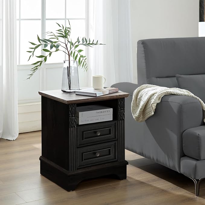 BOSHIRO Farmhouse Nightstand wtih Charging Station, 20" End Table with 2 Drawers, Night Stand Side Table Storage Cabinet with Carved Pilasters for Bedroom,Wood Rustic, Black - Image 6