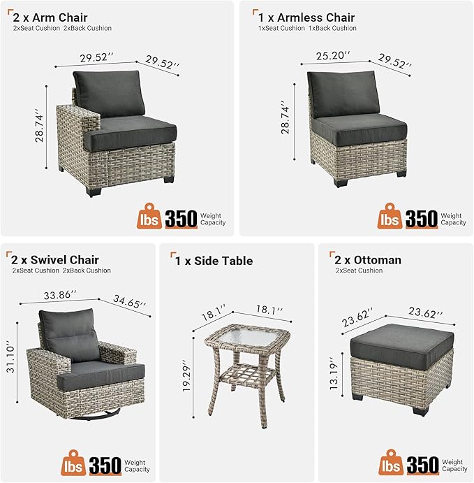 ovios 8 Piece Patio Sectional Furniture with Swivel Rocking Chairs, Rattan Wicker Coversation Set with Glowing Coffee Table, Outdoor Sofa Set for Outside Porch Balcony Backyard Pool,Black