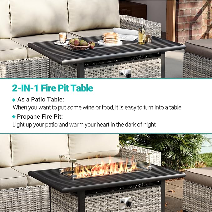 13-Piece Outdoor Patio Furniture Set with Rocking Swivel Chair, Wicker Rattan Sectional Sofa Conversation Set with 55,000 BTU Fire Pit Table with Ottomans, Backyard Furniture, White
