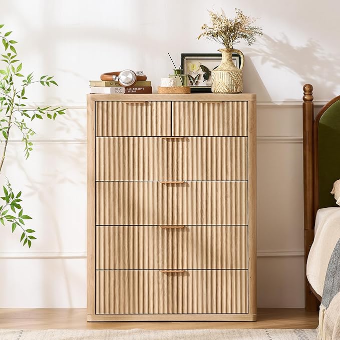 LEYAOYAO 42" Tall Fluted Dresser and 2 Drawers 23" Nightstand Set of 2, Wooden Dresser & Night Stand with Charging Station, 3 Piece Bedroom Furniture Set, Wood Chest of Drawer for Living Room,Natural