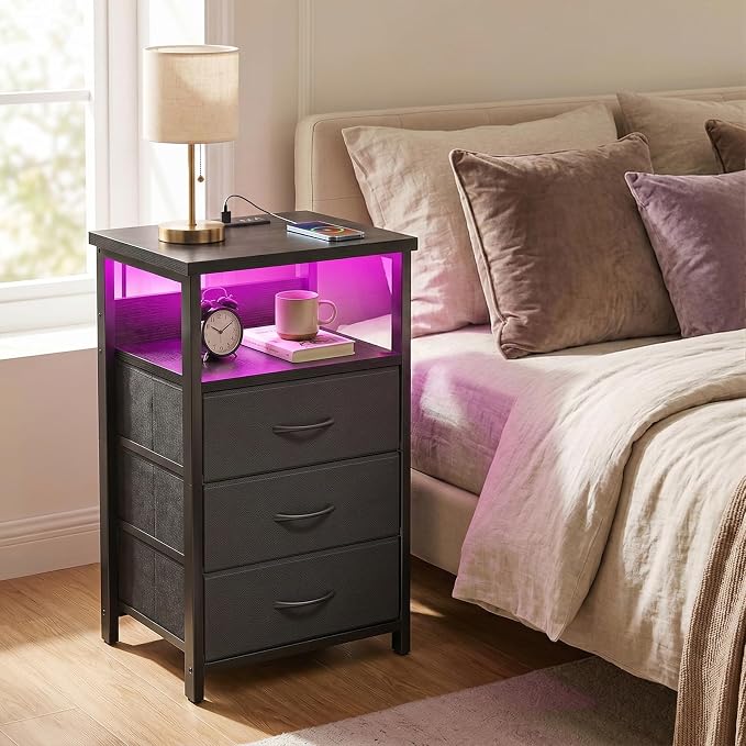 Fixwal Night Stand with 3 Fabric Storage Drawers, LED Nightstand with Charging Station, Bedside Table, Black - Image 2