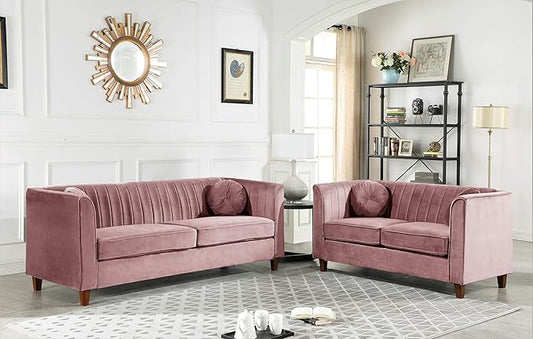 Arvilla 2 Piece Velvet Sofa Set with Bolster Pillows, Mid Century Modern Design, Chesterfield-Inspired Couch and Loveseat for Living Rooms, Salmon