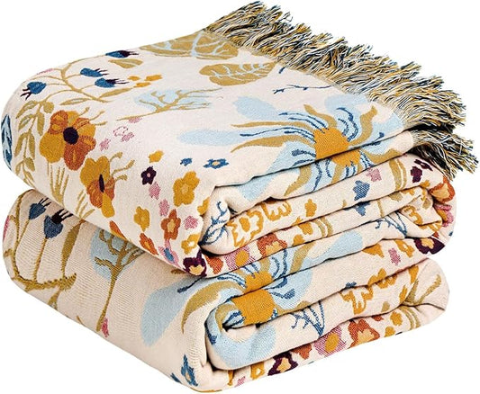 Boho Throw Blanket - 100% Cotton Throw Blankets for Bed Couch, 50"x60" Soft Muslin Lightweight Spring Throw Blanket, Cozy Floral Butterfly Printed Bohemain Bedding Decor Beige Throw Quilt