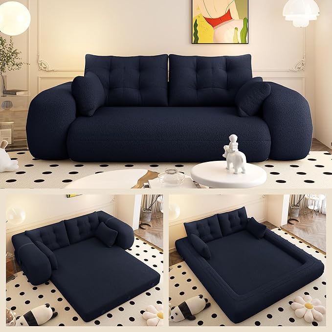 78.7" Convertible Sofa Bed, 3-in-1 Folding Floor Couch with 4 Pillows, Sleeper Sofa for Living Room and Guest Bed, No Assembly Required (Navy Blue, Teddy Fabric)