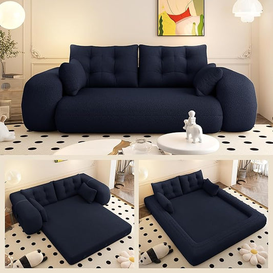 78.7" Convertible Sofa Bed, 3-in-1 Folding Floor Couch with 4 Pillows, Sleeper Sofa for Living Room and Guest Bed, No Assembly Required (Navy Blue, Teddy Fabric)